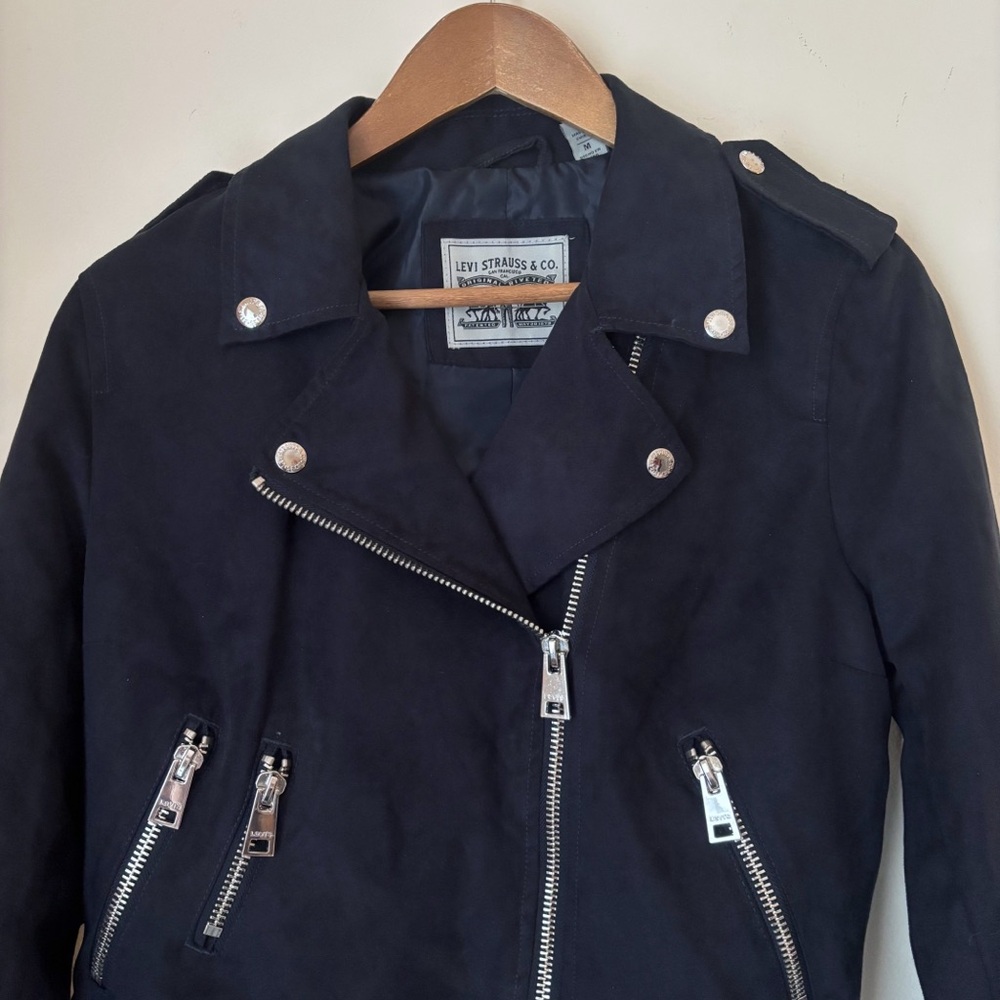 Levi's Cropped Faux Suede Moto Zip Jacket Medium Navy NEW NWT - Picture 3 of 11